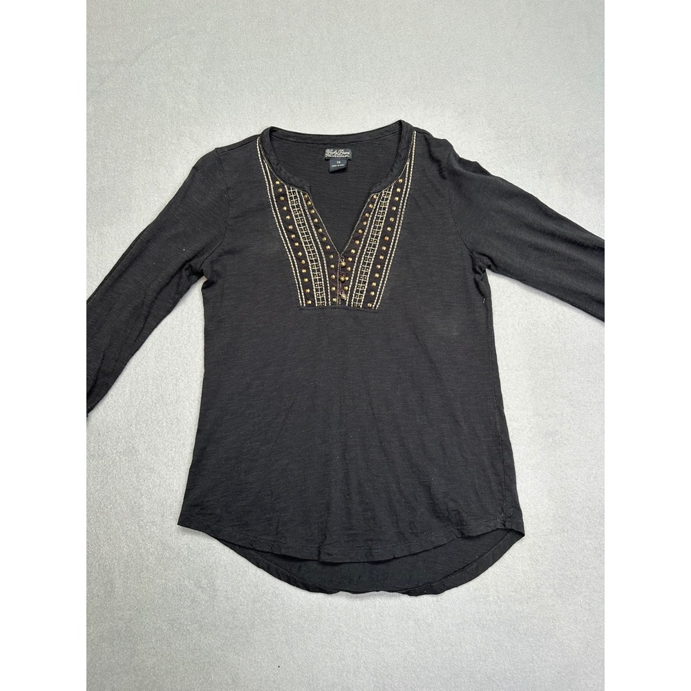 Lucky Brand Womens XS Black Studded Embroidered Split Neck Slub Knit Top Boho